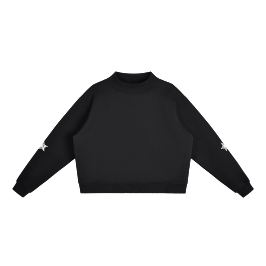 Black Celestial Archive Crewneck Sweatshirt, front view with star details on sleeves