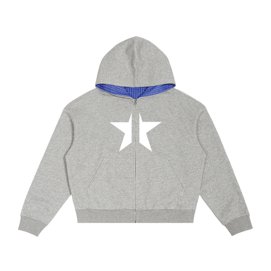 Contrast Plaid Boxy Zip Hoodie