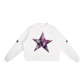 White Amethyst Star Crewneck Sweatshirt with purple star graphic and sleeve details, front view