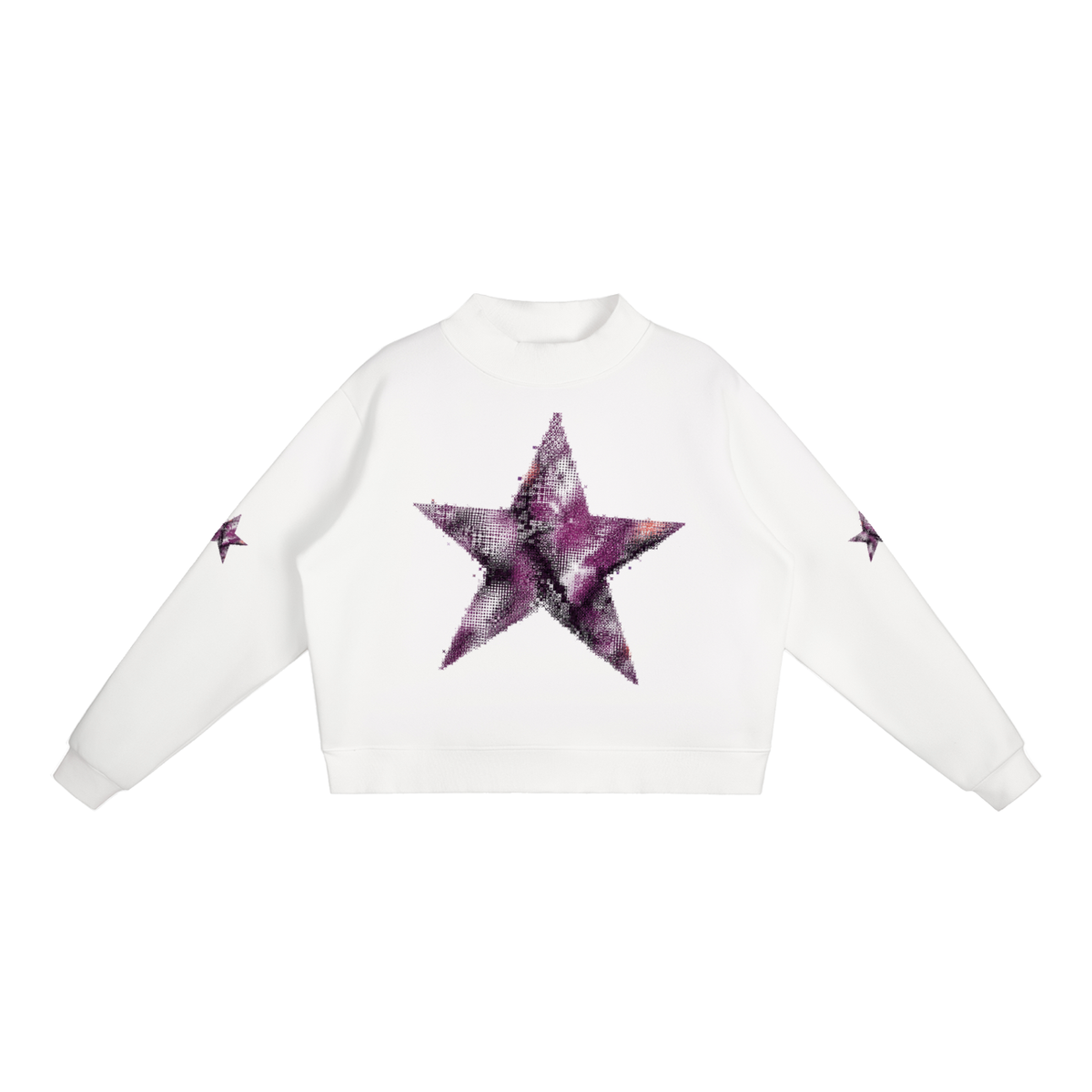 White Amethyst Star Crewneck Sweatshirt with purple star graphic and sleeve details, front view