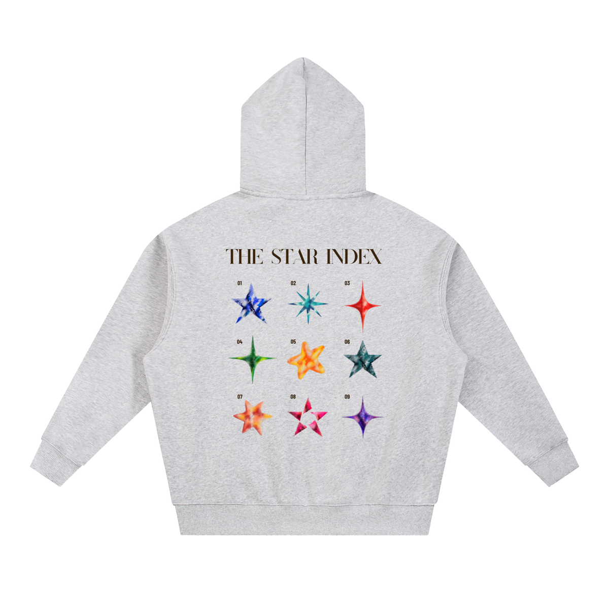 Flower Gray Star Index Hoodie back view showing colorful Star Index graphic