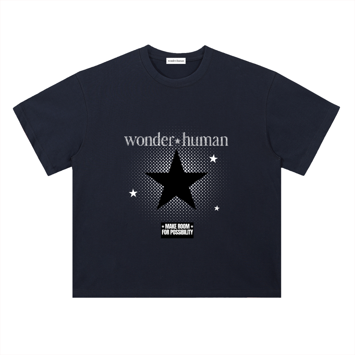 Navy Halftone Heavyweight Tee with Wonder Human halftone star graphic, front view