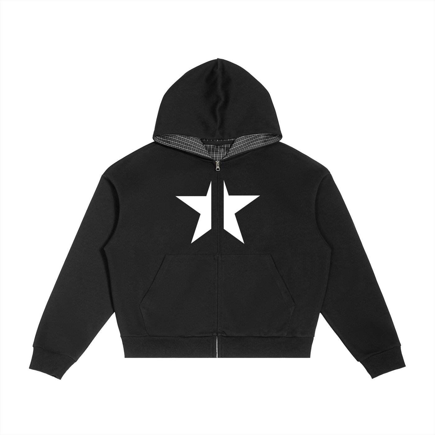 Contrast Plaid Boxy Zip Hoodie