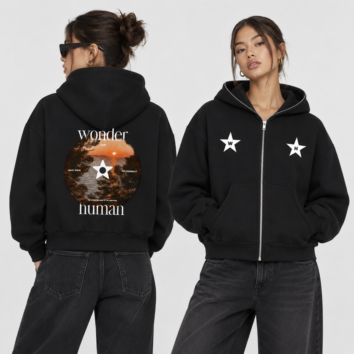 Model wearing black Bloom Full-Zip Hoodie showing front and back views