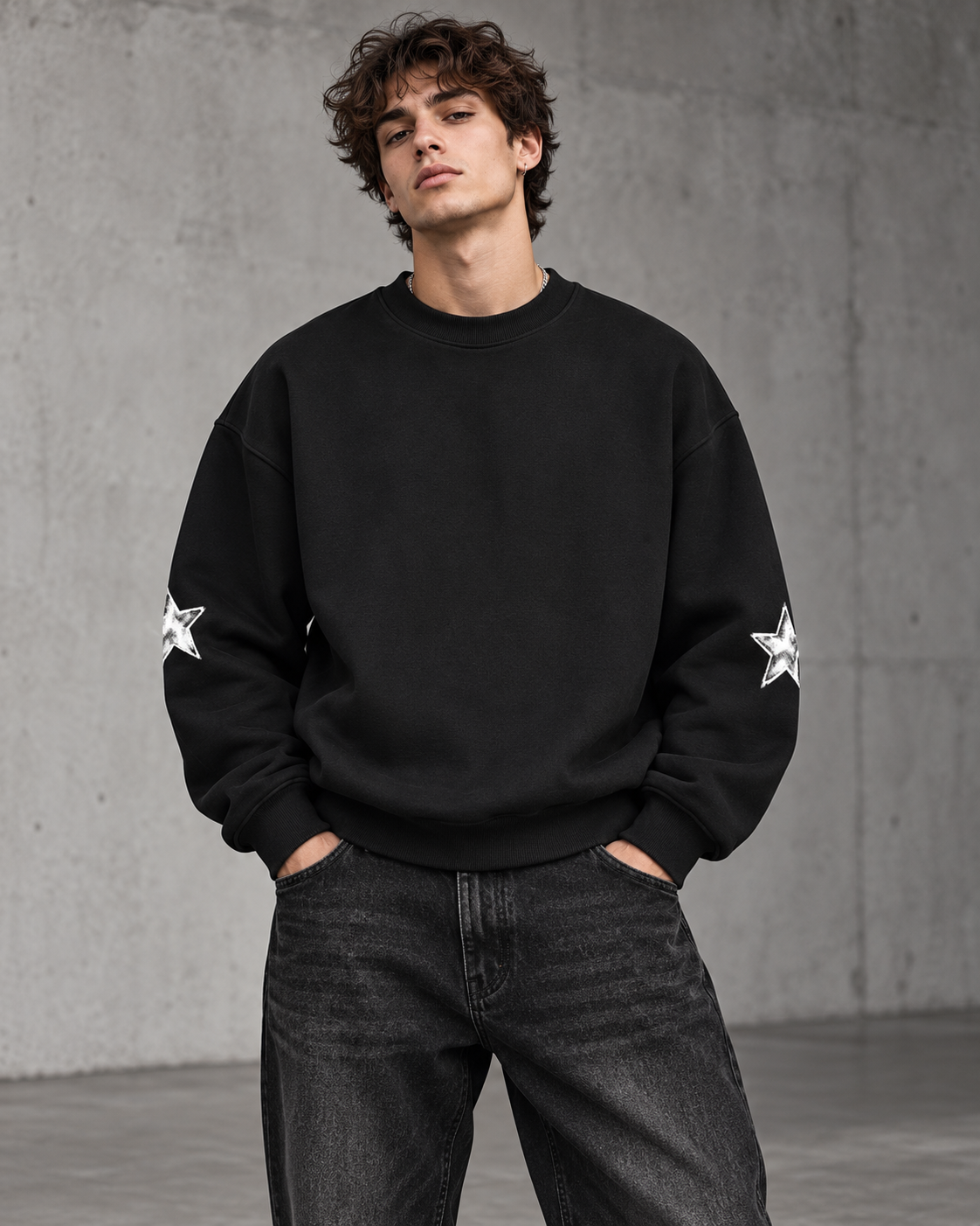 Model wearing black Celestial Archive Crewneck Sweatshirt, front view showing oversized fit and sleeve stars