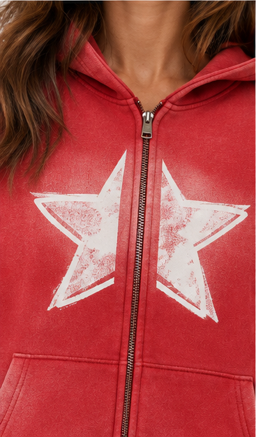Close-up of red Ember Two-Way Zip Hoodie showing front star graphic