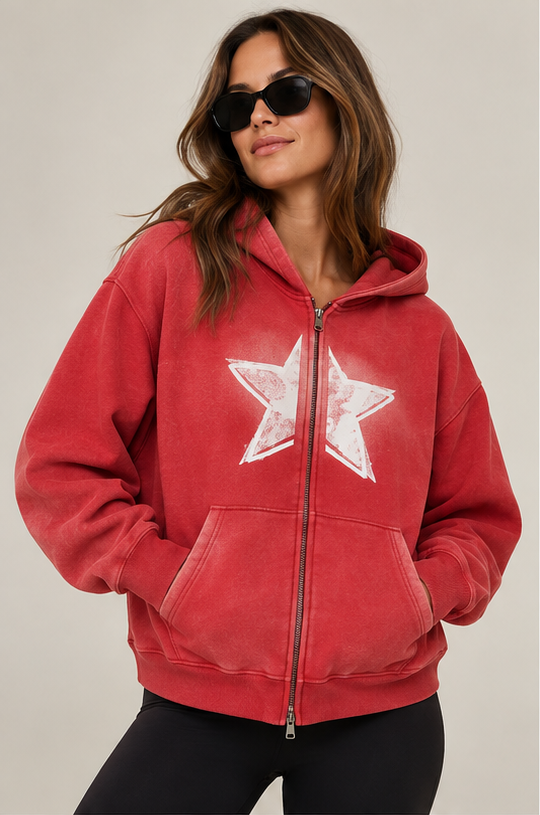 Model wearing red Ember Two-Way Zip Hoodie, front view