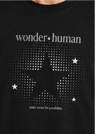 Close-up of Halftone Layered Tee showing Wonder Human front graphic