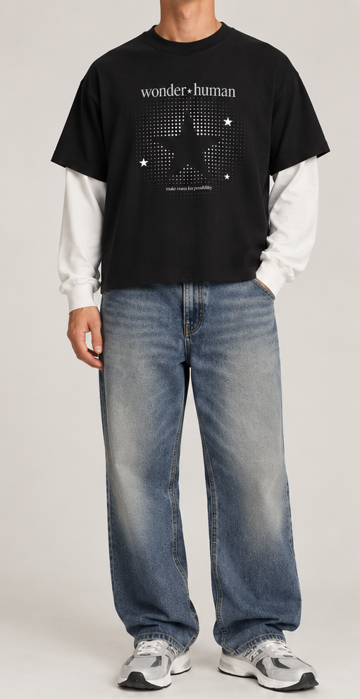 Model wearing black and white Halftone Layered Tee, front view