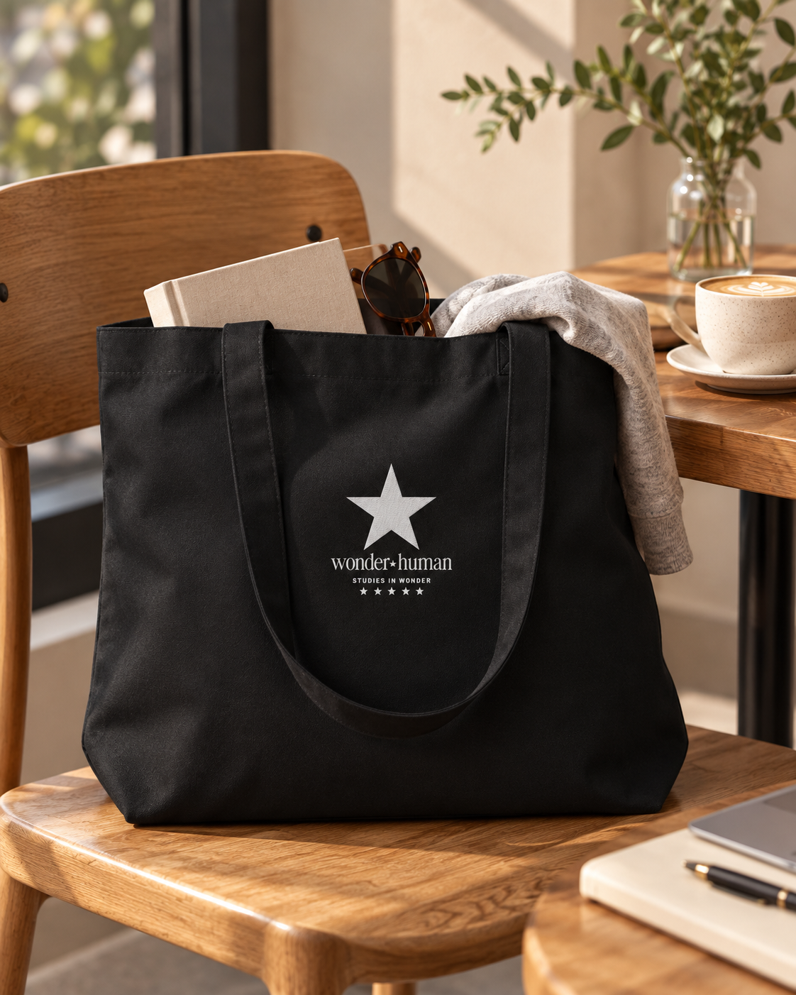 Black North Star Tote Bag filled with everyday essentials beside a café table