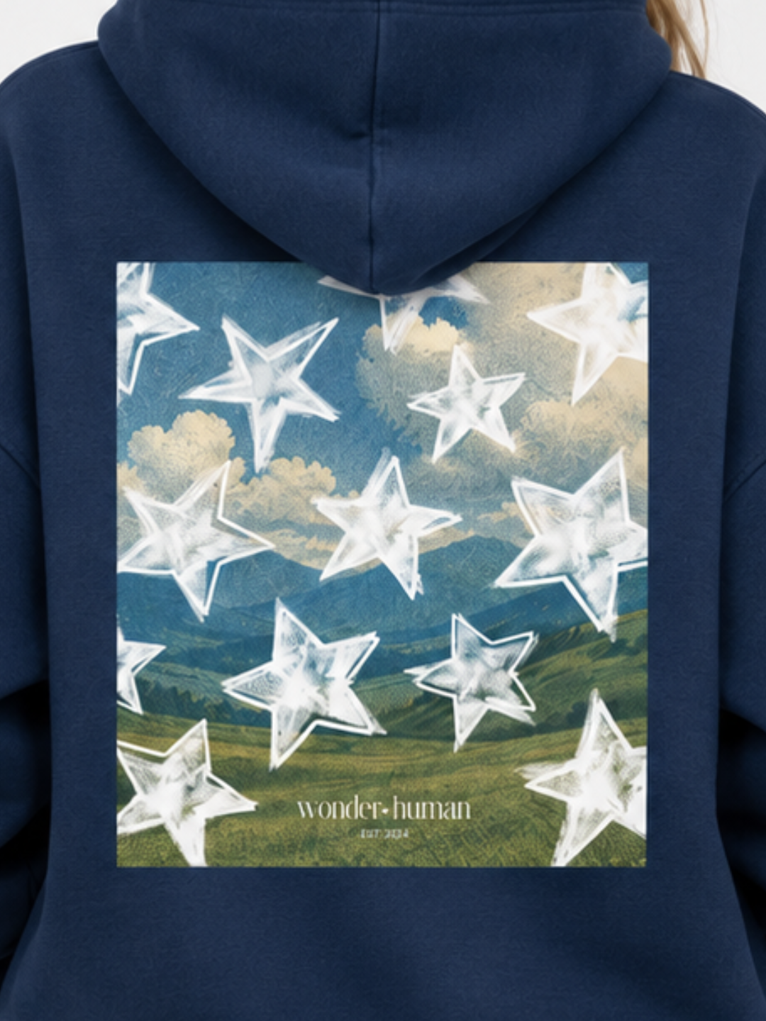 Close-up detail of Star Field Colorblock Hoodie fabric and graphic