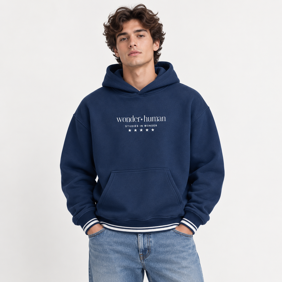 Male model wearing Star Field Colorblock Hoodie front view