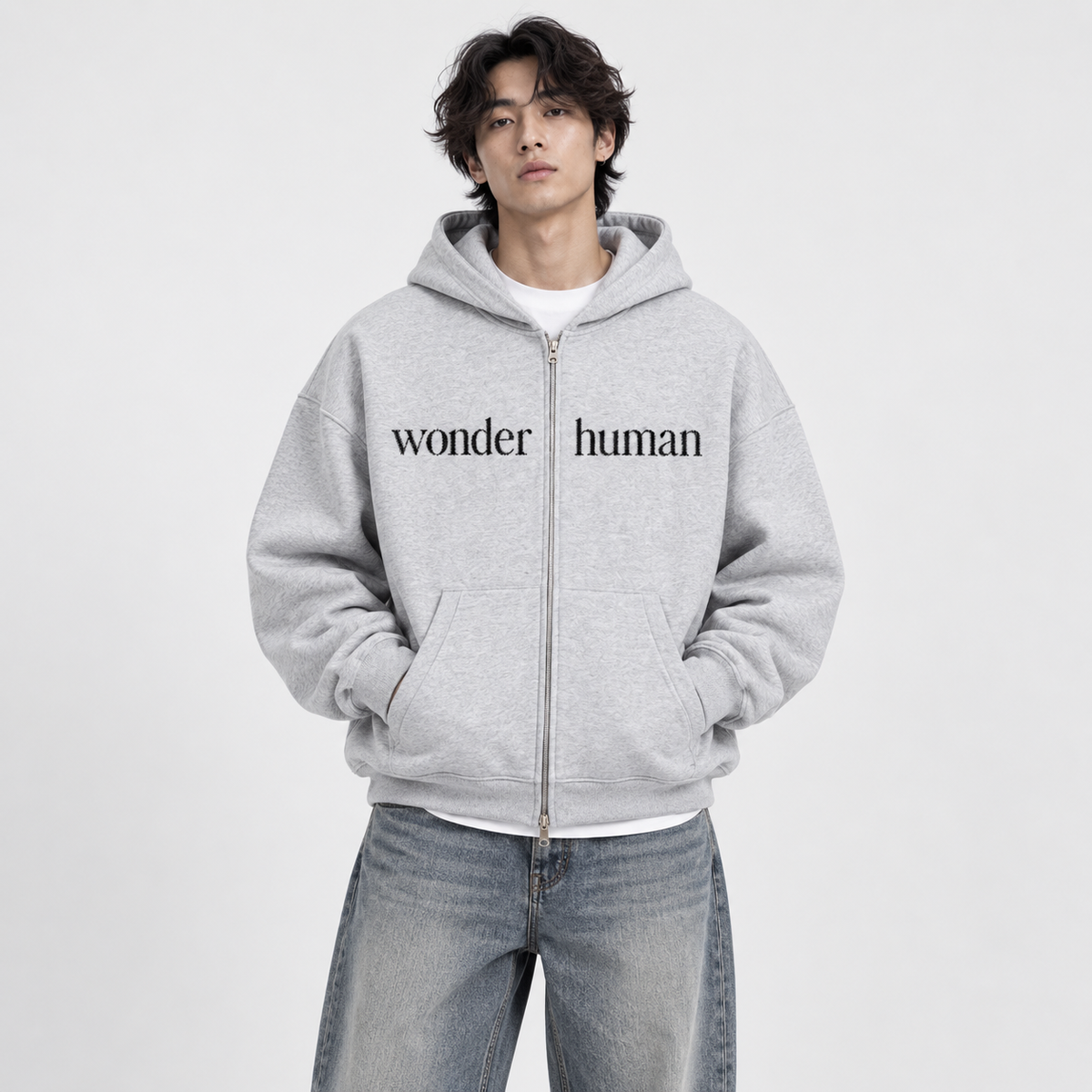 Male model wearing Flower Gray Wonder Zip Hoodie, front view