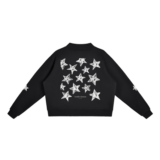 Black Celestial Archive Crewneck Sweatshirt, back view with oversized white star artwork