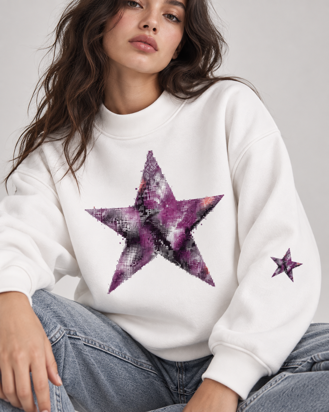Close-up of Amethyst Star Crewneck Sweatshirt sleeve star graphic and ribbed cuff