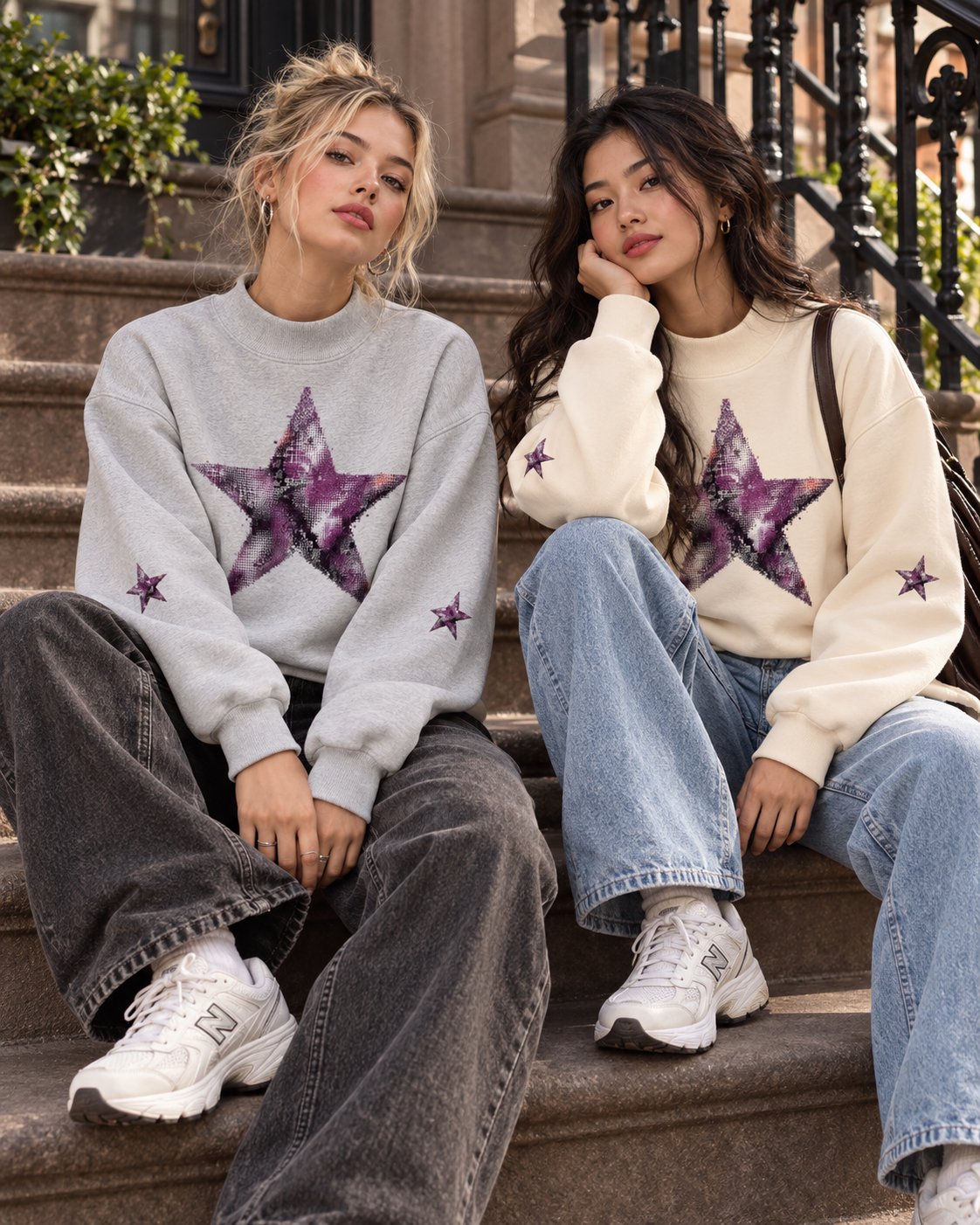 Models wearing Flower Gray and Cream Apricot Amethyst Star Crewneck Sweatshirts on outdoor steps