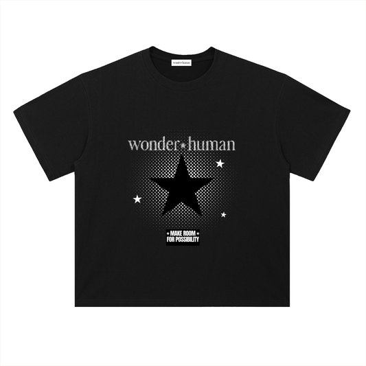 Black Halftone Heavyweight Tee with Wonder Human halftone star graphic, front view