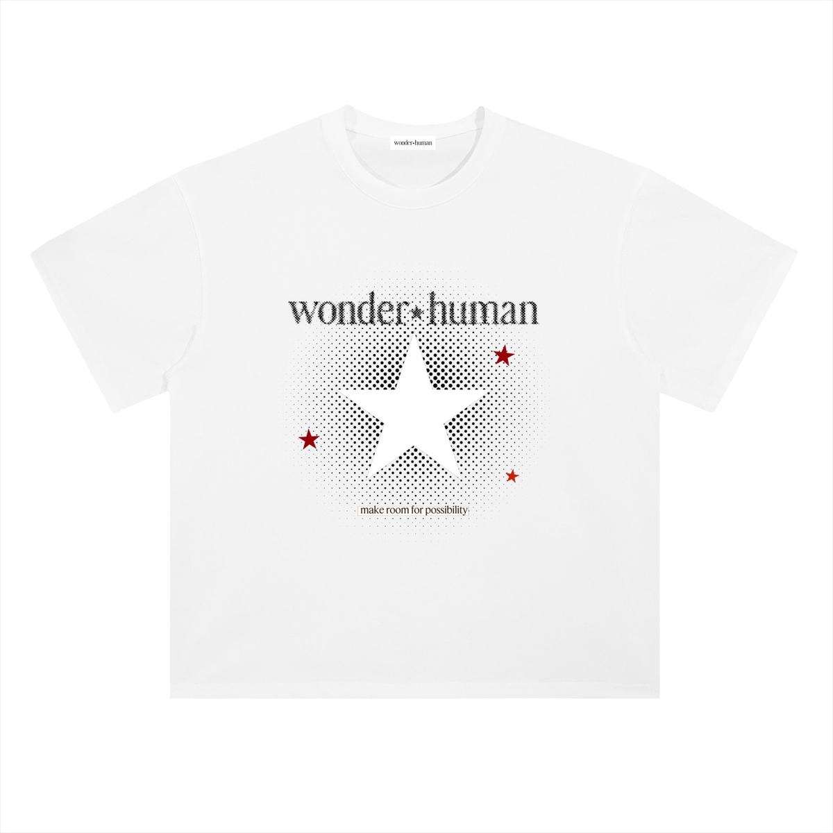 Lucent White Halftone Heavyweight Tee with Wonder Human halftone star graphic, front view