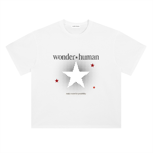 Lucent White Halftone Heavyweight Tee with Wonder Human halftone star graphic, front view