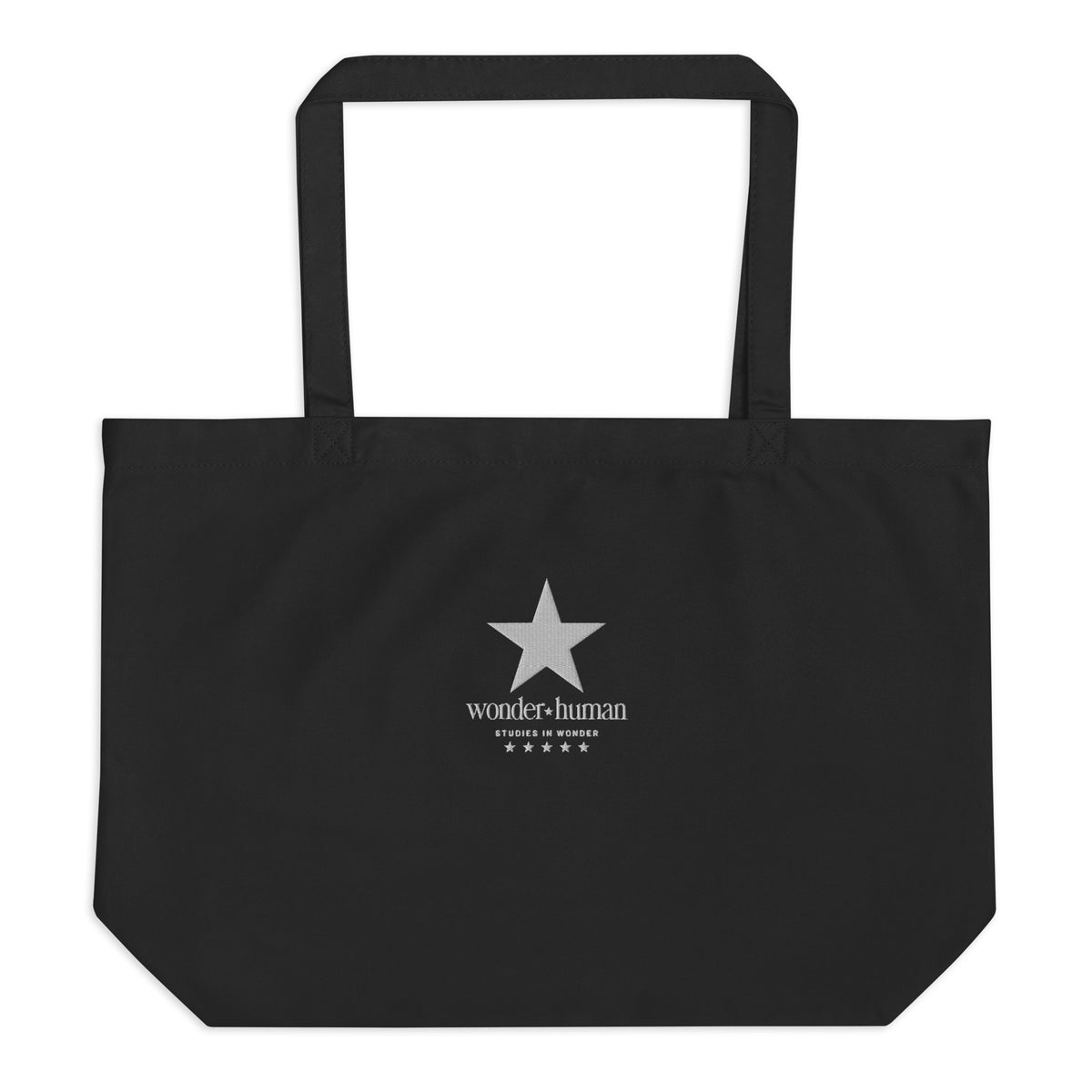 Black North Star Tote Bag, front view with white star and Wonder Human logo