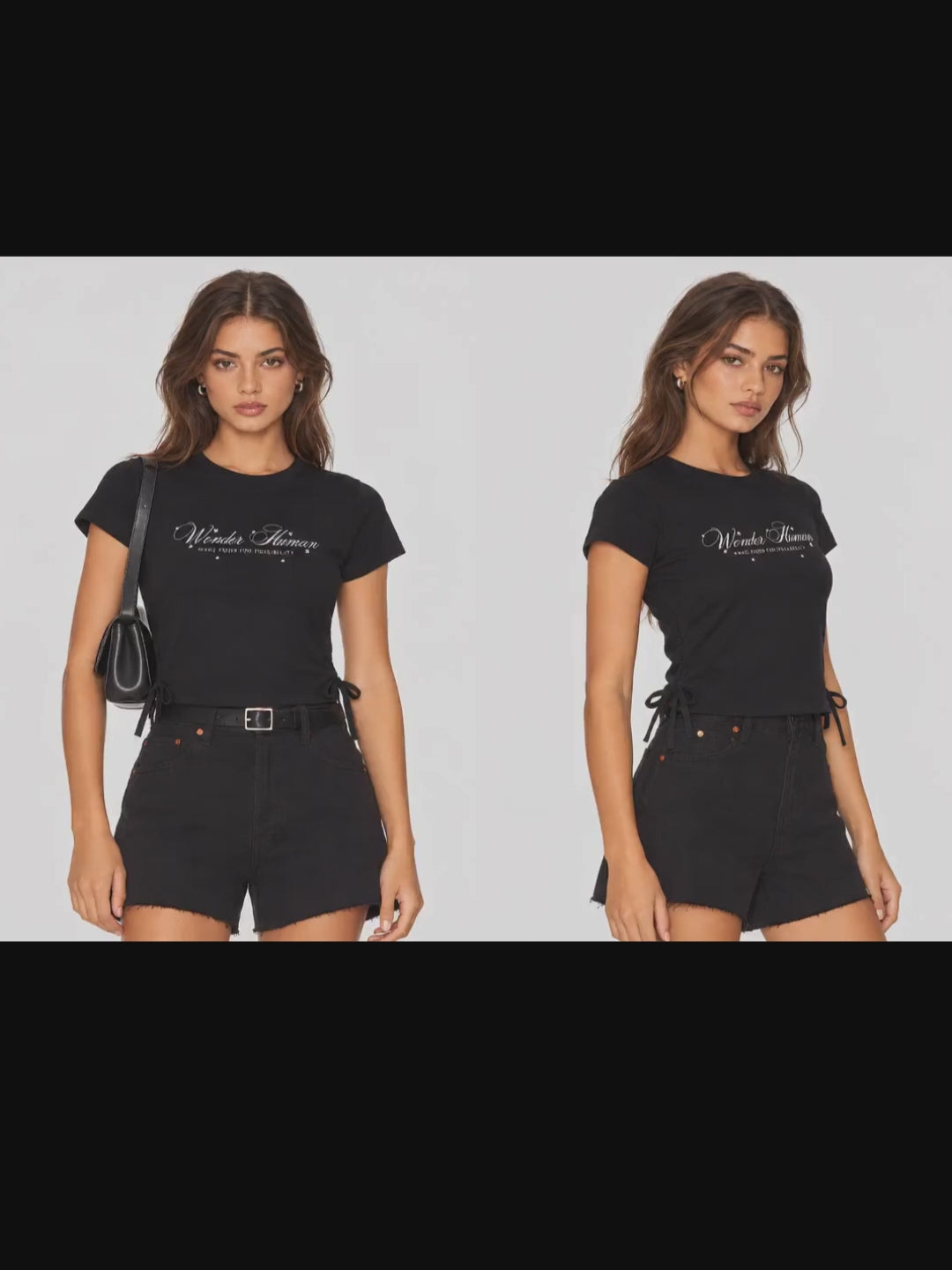 Video of model wearing black Ribbon Tee, front and angled views showing fitted cropped silhouette and side ties