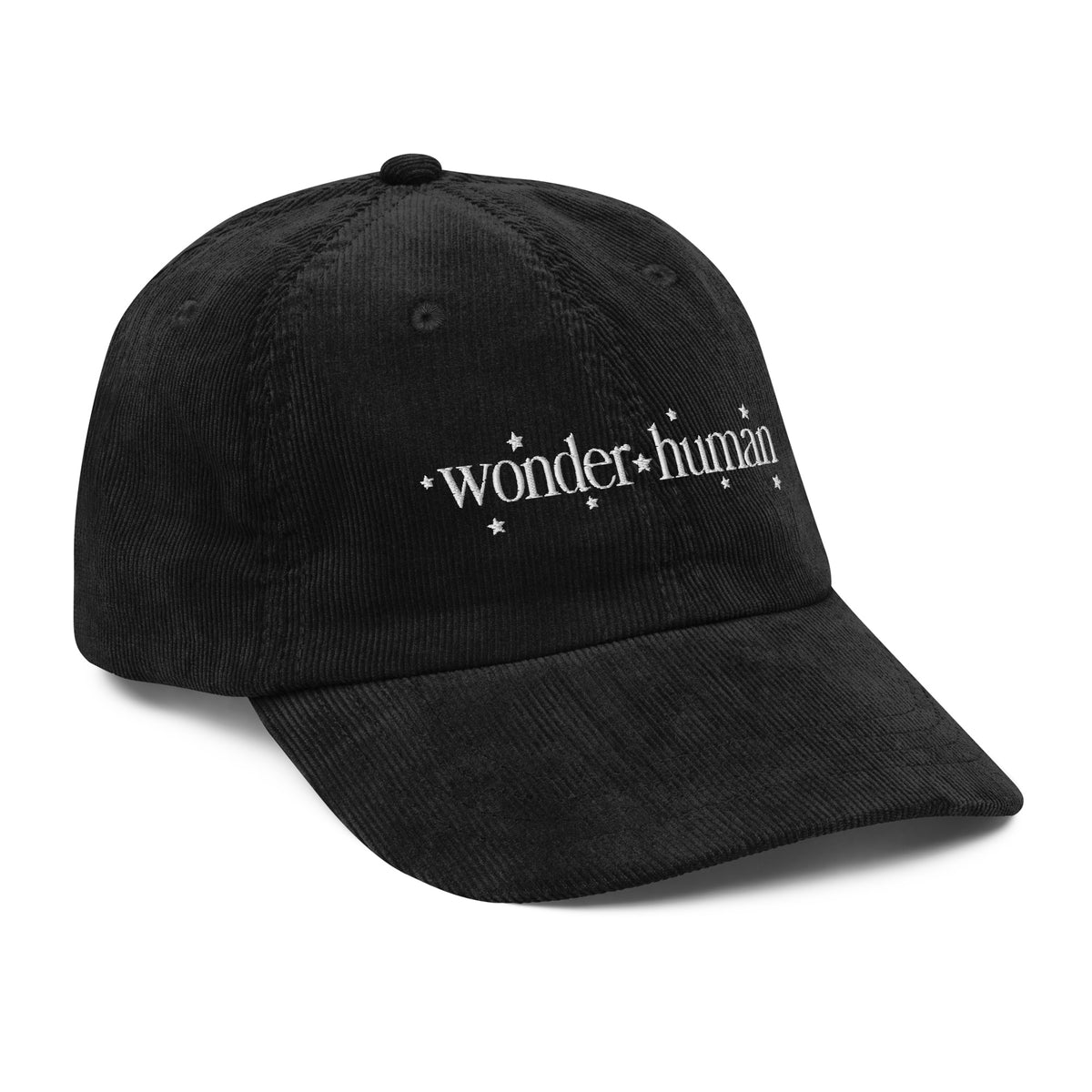 Black Wonder Human Corduroy Five-Star Cap, angled front view